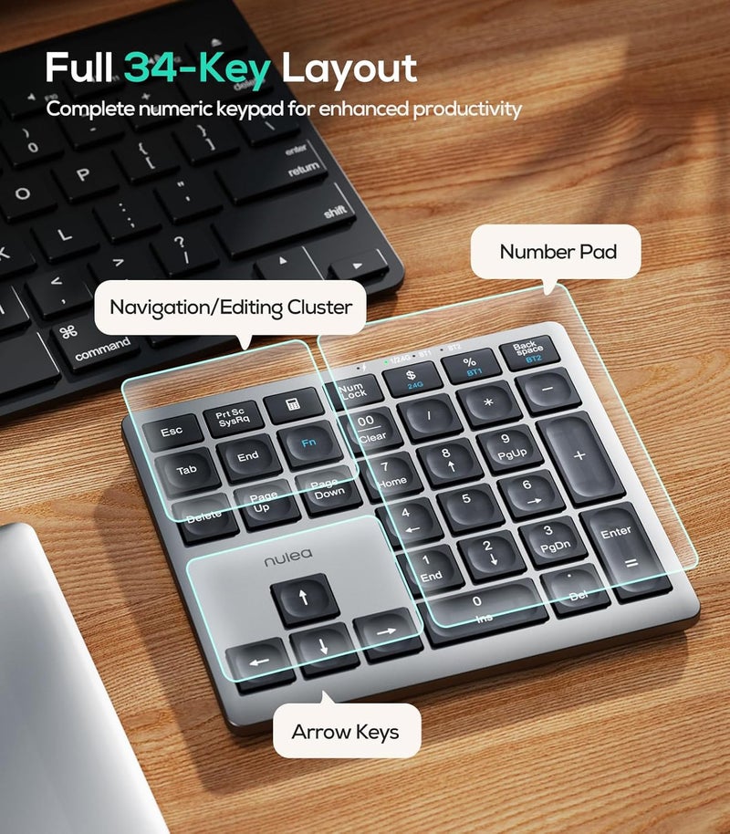 Nulea Wireless Number Pad Bluetooth 5.0 & 2.4G Portable Numeric Keyboard, USB-C Rechargeable, 34-Keys Bluetooth Keyboard for Data Entry, Compatible for Laptop, Mac, iMac, Tablet, PC Desktop - Image 5